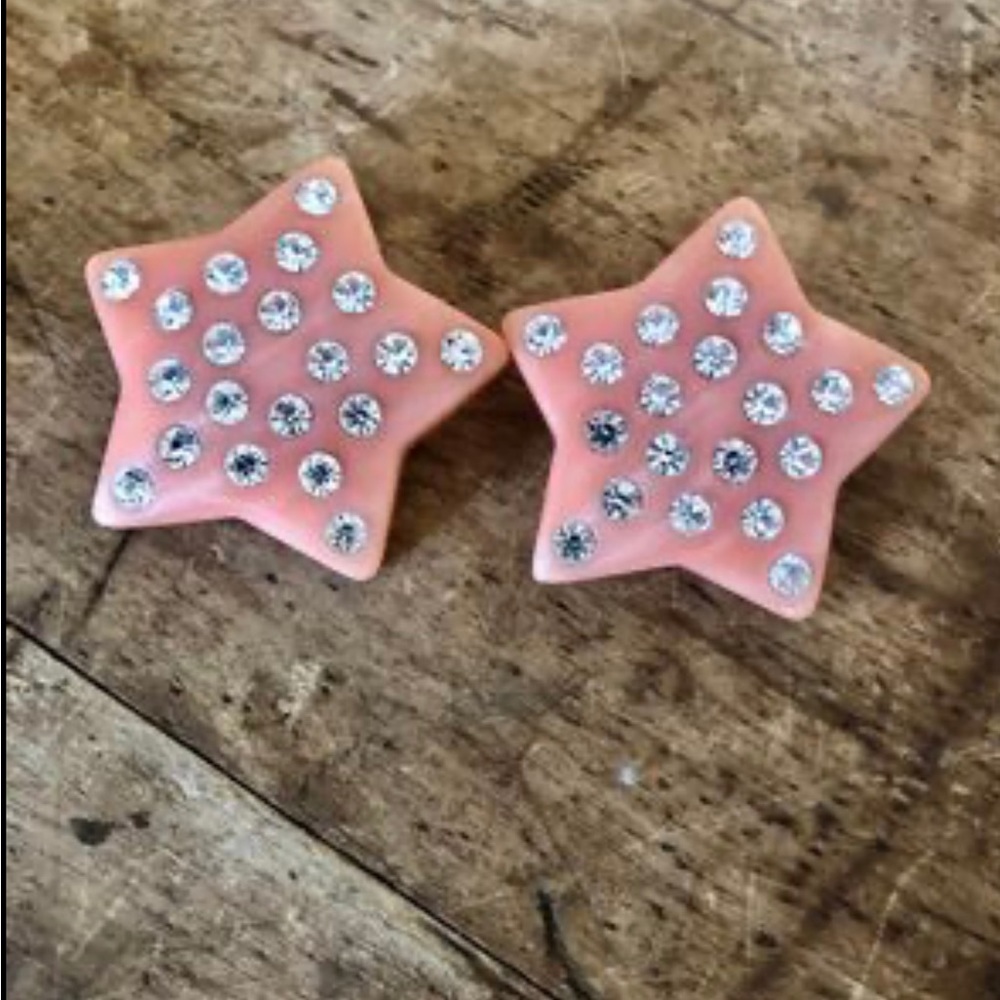1980s Rhinestone Star Earrings Pink Marble Clip Back